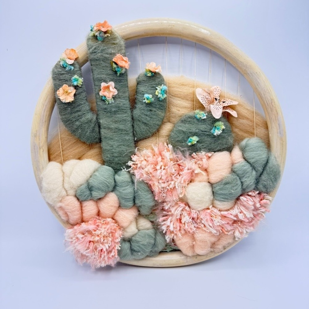 Handmade Woven Cactus‎ Wall Art Fiber Decor Sage Green Peach Desert Hoop Hanging